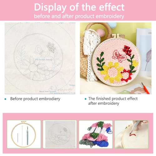 Image of Zhenqing Butterfly & Floral Punch Needle Embroidery Kit | 29x29cm Pink Bloom Design with Hoop & Tools | DIY 3D Textured Wall Art for Beginners(Z95092C)