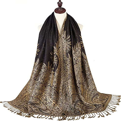 Big Paisley Pashmina Shawl Wrap Scarf Jacquard Double Layers Reversible with Tassels3