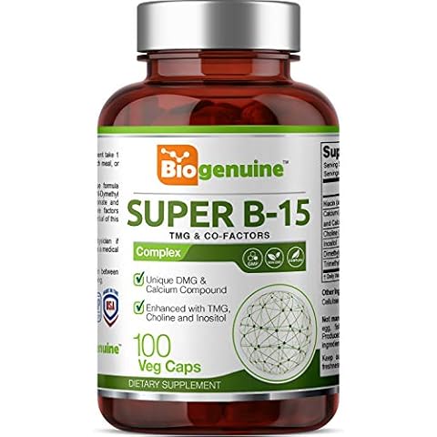 Biogenuine Super B-15 100 Vcaps - Niacin Calcium Choline Inositol DMG TMG - Supports Healthy Oxygen Energy Levels Cover