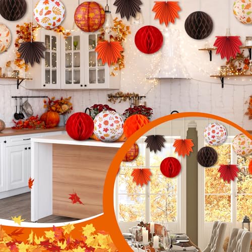 Image of Retisee 18 Pcs Fall Party Decoration, Maple leaf design, Autumn Paper Decor | Fall Paper Lanterns, Maple Leaves Hanging Fans, Honeycomb Orange Brown Lanterns for Thanksgiving Harvest Party