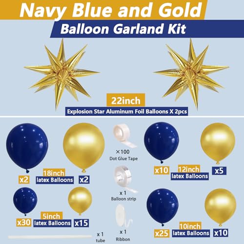 Image of Navy Blue and Gold Balloons Arch Garland Kit, 5 10 12 18 inch Royal Blue Gold Balloons with Explosion Star Balloons 101pcs Balloons for Anniversary Wedding New Year Birthday Party Decorations