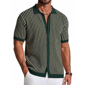 COOFANDY Mens Knit Button Down Shirts Short Sleeve Polo Shirt Vintage Striped Casual Shirts