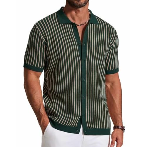 COOFANDY Mens Knit Button Down Shirts Short Sleeve Polo Shirt Vintage Striped Casual Shirts