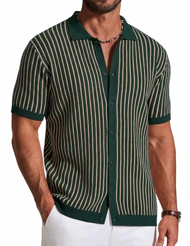 Lista de Prendas de punto Top 10. 38 COOFANDY Camisa de manga corta con botones para hombre, polos de punto texturizado, camisas vintage, prendas de punto retro