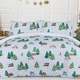 Sleepdown Winter Huts Snowman Xmas White Multi Reversible Duvet Cover Quilt Bedding Set with Pillowcase Soft Easy Care Bed Linen - Single (135cm x 200cm)
