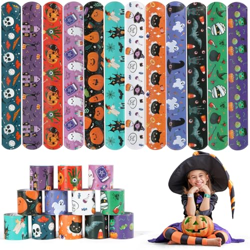 EDWINENE Halloween Slap Bracelets, 48 Snap Wristbands for Kids Party Bag Fillers