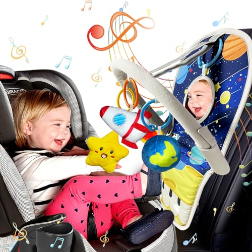 Image of TOYMNI Car Seat Toys for Baby Infant 6 Months and Up, Carseat Toys with Musical Pedal Piano, Baby Mirror and Hanging Squeaky Sensory Soft Baby Toys 6 to 12 Months, Baby Car Toys Rear Facing