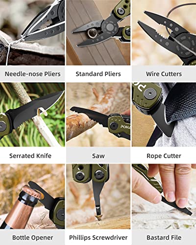 Pohaku Multitool Knife, 13 in 1 Pocket Multitool, Multi Tool with 3" Large Blade, Safety Locking Design, Spring-Action Plier, Durable Nylon Sheath for Outdoor, Camping, Fishing, Survival (Green) - Thumbnail 6