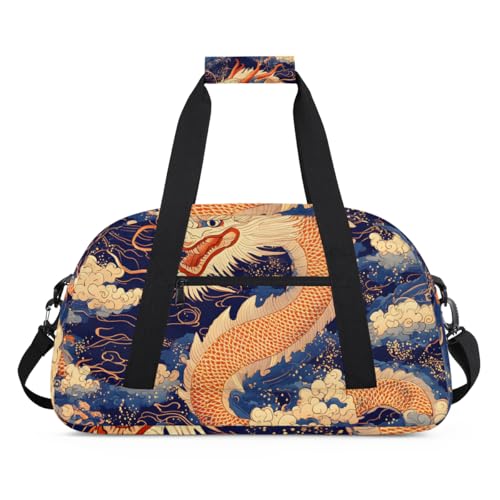 Chinese Dragon Gym Travel Duffle Bag for Boys - Gymnastics Sports Dance Bag with Front Zipper Pocket for School Practice or Overnight Travel Weekender Sleepover Tote Bag Orange Dragon2