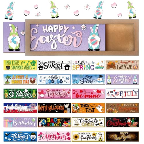 Barydat 25 Pcs Interchangeable Seasonal Decor Interchangeable Welcome Sign with a Wood Frame Seasonal Wooden Welcome Sign Holiday Table Decor for St Patricks Day Easter Valentines Decoration