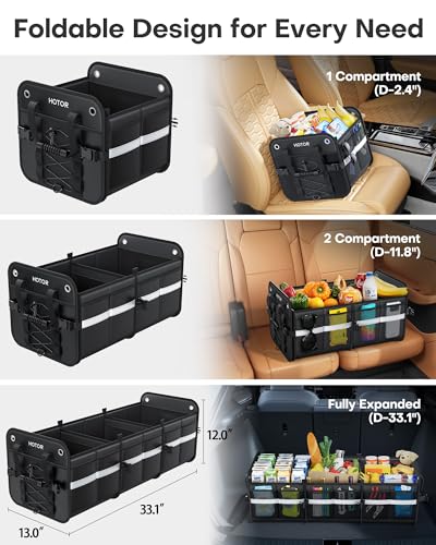 HOTOR Trunk Organizer for SUV – Car Storage Box with Reflective Strips, Collapsible Car Organizer with Large Capacity, Essential Car Accessories for Truck, Van & Sedan, Black, 33.1\" x 13.0\" x 12.0\" - Thumbnail 4