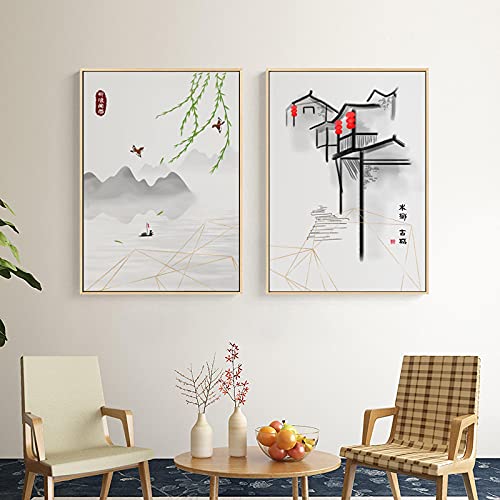 Tableau zen paysage à l'encre noir et blanc lot de 2 toiles 50x70cm sans cadre pour salon moderne