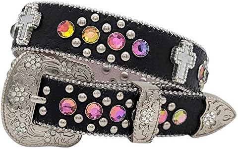 XS-1371-KIDS GIRLS WESTERN BELTS CROSS RHINESTONE BELTS (N-BLACK-VOLCANO)