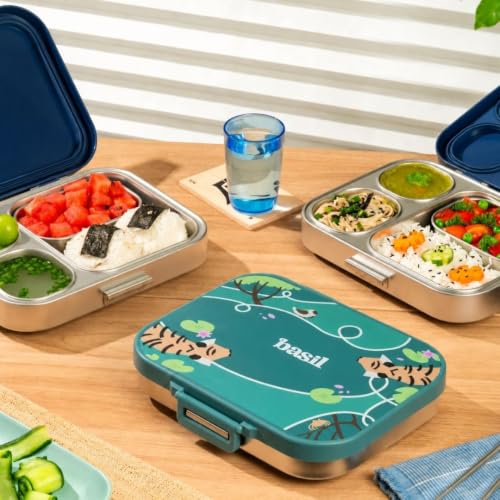Image of Basil Bento Box Quad Plus - 3+1 Compartment Stainless Steel Lunch Box (1020ml) with BPA-Free Lid | Leak-Proof Tiffin for Kids & Adults | Premium Lunch Box for School, Office & Picnic - Bengal Bagh