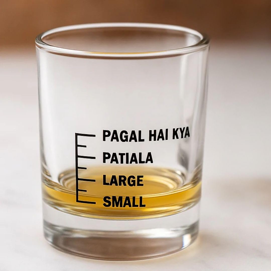 Nutcase Whiskey Glass with Measurement | Small Large Patiyala Pagal Hai Kya Peg Measuring Glass | Cool Whiskey Glass | Fun Anniversary Birthday Gift Funny Gifts for Husband Boyfriend | 300 Ml
