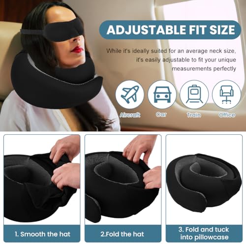 Image of Travel Pillow - Hooded Neck Pillow for Travel, Airplane Neck Pillows Stowable Hood, Memory Foam Head Chin Support Pillows for Office /Airplane /Car(Color:Black)