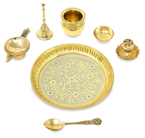 BENGALEN Brass Pooja Thali Set 6 Inch Puja Thali with Pital Plate Kalash Spoon Chandan Wati Dhup Dan Diya Ghanti Arti Thali for Diwali Home Office Mandir Wedding Return Gift Items