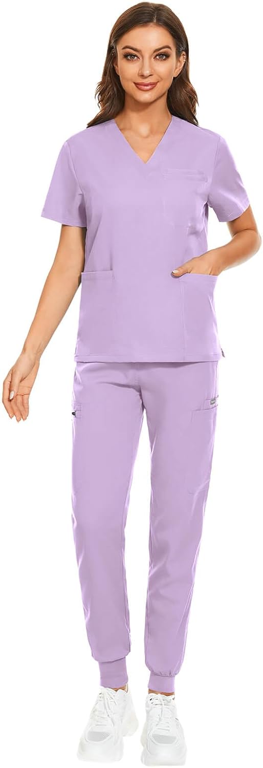 VIAOLI Scrubs for Women Set V-Neck Top & 8 Pocket Jogger Pants Womens Scrubs Nursing Uniform Solid Stretch Medical Scrub Set