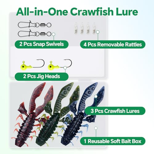 Image of Battle Craw Soft Plastic Crawfish Lures Kit with Removable Rattles | Salt Infused Creature Bait for Bass Fishing, Texas Rig & Jig Trailer Lure in Tackle Box, Realistic 1:1 Claw-to-body 4.1 /5.5in