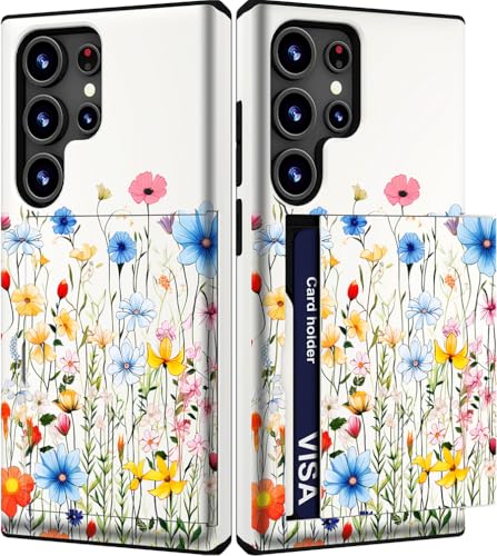 Coque Samsung S25 Ultra avec porte-cartes motif fleurs bleues antichoc