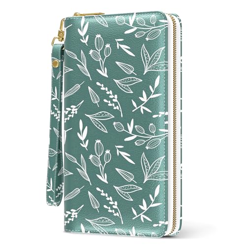 Image of Nipichsha Womens Wallet, RFID Wristlet Wallet for Women, Cute Ladies Purse, Large Card Clutch Purse with Phone Holder, Morandi Green Leaf