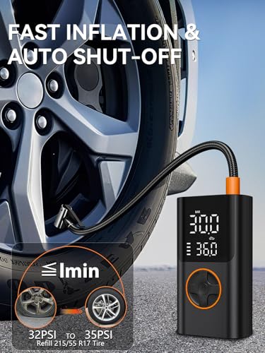 Image of Tire Inflator Portable Air Compressor, Bike Pump with Gauge and USB Charging Output, 150PSI Fast Inflation Portable Tire Inflator for Car Bicycles Motorcycles Scooter Balls