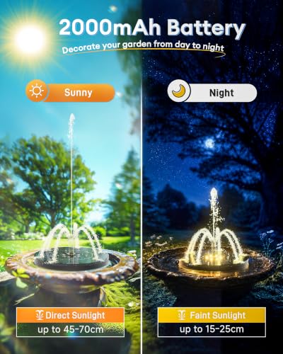 3.5W Solar Fountain,Upgraded 100% Glass Panel Solar Bird Bath Fountain with 2000mAh Battery,7 Color RGB LED Lights & 6 Nozzles,Solar Fountain for Bird Bath,Garden, Pond, Pool, Outdoor Decor(Black) — view 3