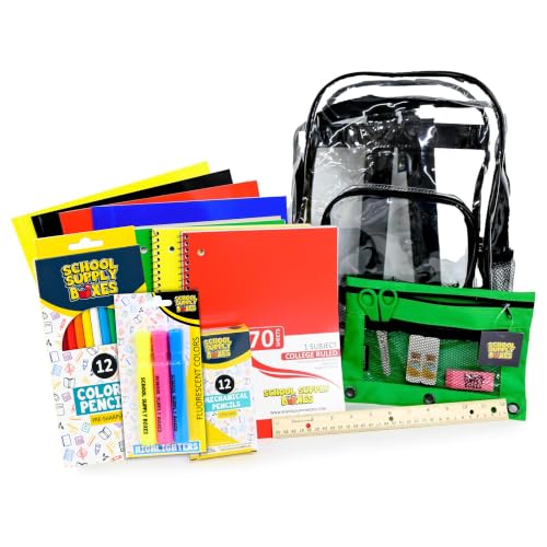 School Supply Boxes | 17" Clear Backpack Bundle for Middle School | Back to School Bookbag with Supplies | Notebooks, Folders, Colored Pencils, Ruler, Glue Sticks & More | Case (6 Backpacks)