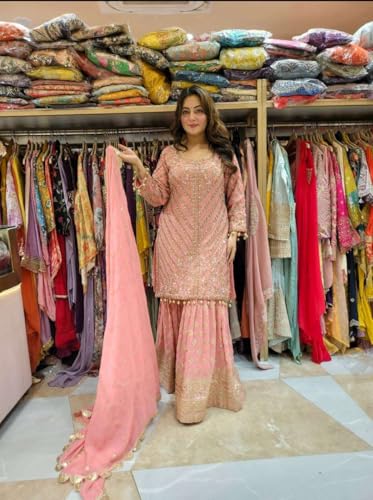 Marzeena Products Women's Faux Georgette Embroidered Kurti With Sharara & Dupatta Set3