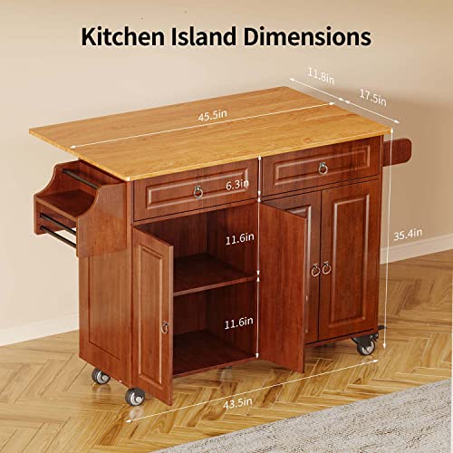 Aiho Kitchen Island With Storage, Rolling Kitchen Island With Cart 52" Soild Wood Top Kitchen Cart With Towel Rack, Spice Rack And Drawers Rolling Kitchen Island On Lockable Wheels, Brown #TOP5