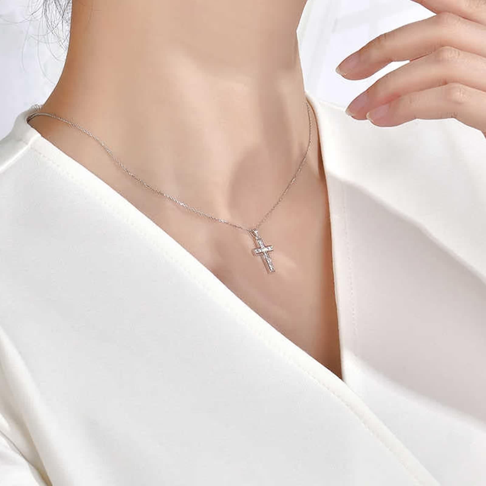 Collana lunga da donna con ciondolo a forma di croce, in oro bianco 9 K/14 K/18 carati