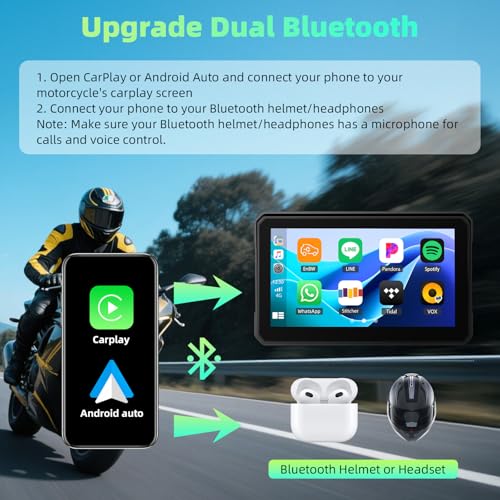 Image of SIXTOP Motorcycle CarPlay Screen with Wireless Apple CarPlay Android Auto, IP68 Waterproof Touch Screen 5 inch GPS Navigation Carplay para Moto, Dual Bluetooth, Siri Google Voice Control