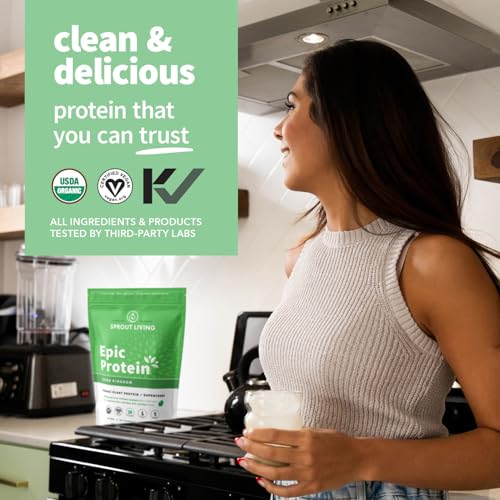 Image of Sprout Living Epic Protein, Plant Based Protein & Superfoods Powder, Green Kingdom | 20 Grams Organic Protein Powder, Greens, Vegan, Non Dairy, Non-GMO, Gluten Free, Low Sugar (1 Pound, 12 Servings)