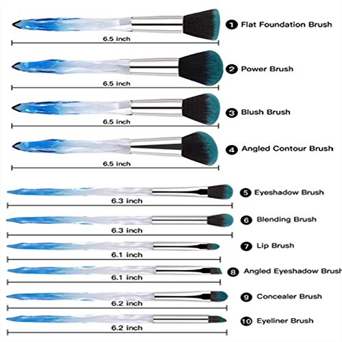 Crystal Makeup Brushes, Premium Synthetic Foundation Blending Blush Powder Eye Shadow Brush Sets with Blue Transparent Handle Special Make-up Tools 10 Count