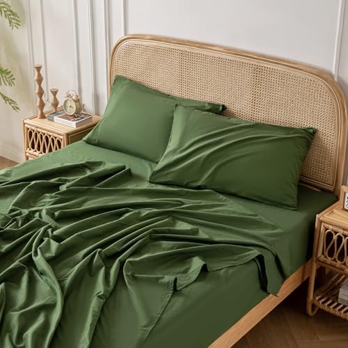 Yibeizi Green 100% Washed Cotton Linen Feel Sheet Set Full Size, 4 Pieces Deep Pocket Bed Sheets Soft Breathable Hotel Bedsheets - Thumbnail 5