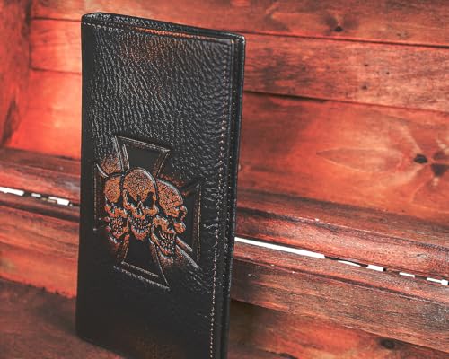 Image of DK86 Skull Long Wallet For Men Full Grain Leather with Hand Burnished Rfid Blocking Rodeo Wallet Bifold Wallet Skull Wallet C