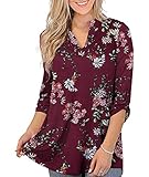  CHARMW Damen Bluse 3/4 Ärmel V-Ausschnitt Kariert Langarmshirt Oberteile Casual Blumen Tunika Tops (3/4 Ärmel Weinrot, XXL)