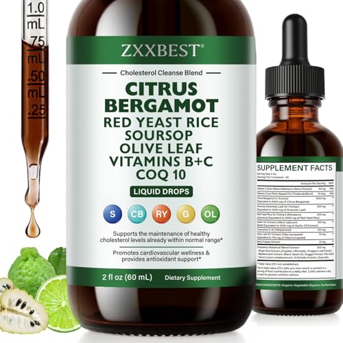 Red Rice Yeast for Cholesterol Support - High Absorption Cholesterol Support Blend with Red Rice Yeast Extract Liquid Soursop Drops Garlic Olive Leaf Citrus Bergamot & Vitamin C D3 - 2 Fl Oz (1)