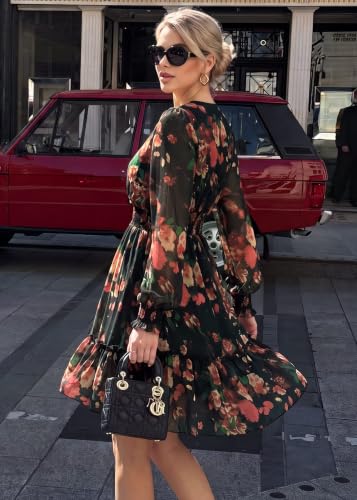 Image of Prettywear Women's Chiffon Long Sleeve Wrap Neck Wedding Guest Mini Dress | Wrap V Neck Smocked Waist Flowy Dress, Spring Fall Outfits for Cocktail, Vacation, Date Night Party