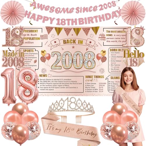 Image of Zirtorei 18th Birthday Decorations Kit for Girls Women, 22pcs Pink Rose Gold Happy 18th Birthday Balloons Banner Party Supplies, Awesome Since 2008 18 Year Bday Crown Sash Hanging Swirls Gifts