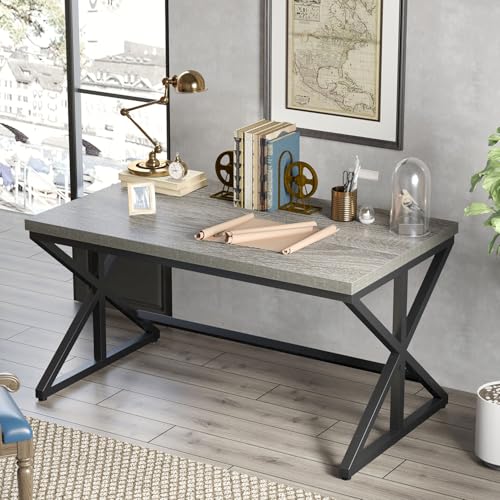 IBF Computer Desk, Industrial PC Laptop Office Desk, Farmhouse Gaming Desk with Spacious Desktop, Rustic Wood Metal Writing Study Work Table for Home Office Bedroom, 47 Inch, Grey Oak