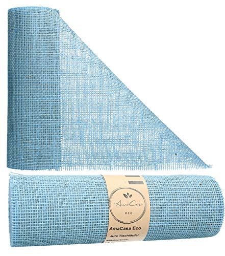 AmaCasa Eco Tischläufer Jute 30cm breit, 10m Rolle | gestärkter Jutestreifen mit kompostierbarem Etikett | Tischband für Tischband für wundervolle Dekorationen in vielen Farben (Himmelblau, 30cm/10m)