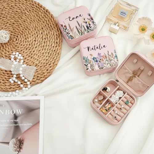 Image of PRIMIT Personalized Jewelry Box with Name & Birth Flower - Custom Travel Jewelry Organizer Case - Bridesmaid, Birthday, Christmas Gift for Women & Girls (Pink)