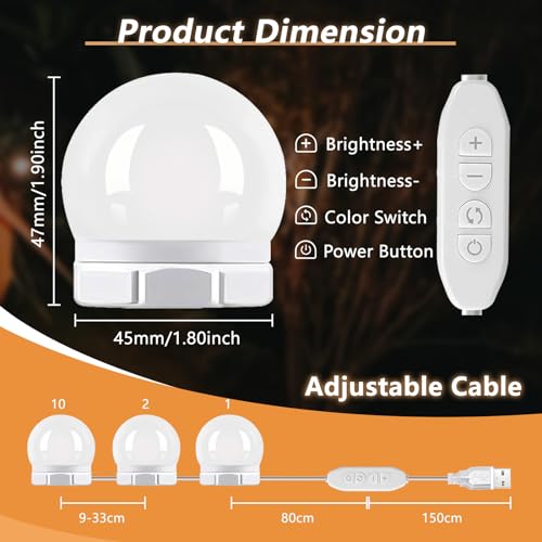 Hollywood Mirror Lights with USB Cable, 3 Colours Changing & 10 Levels Brightness, Stick on Vanity Mirror - Image 4