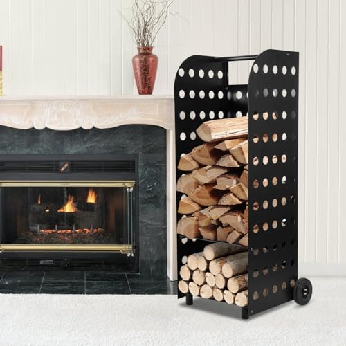 Veckhh Kaminholzwagen, 42x35x112cm Kaminholzwagen mit Rollen,Stabilen Vollgummierten,Holzkorb für Kaminholz, Transportwagen für Feuerholz bis 60 kg