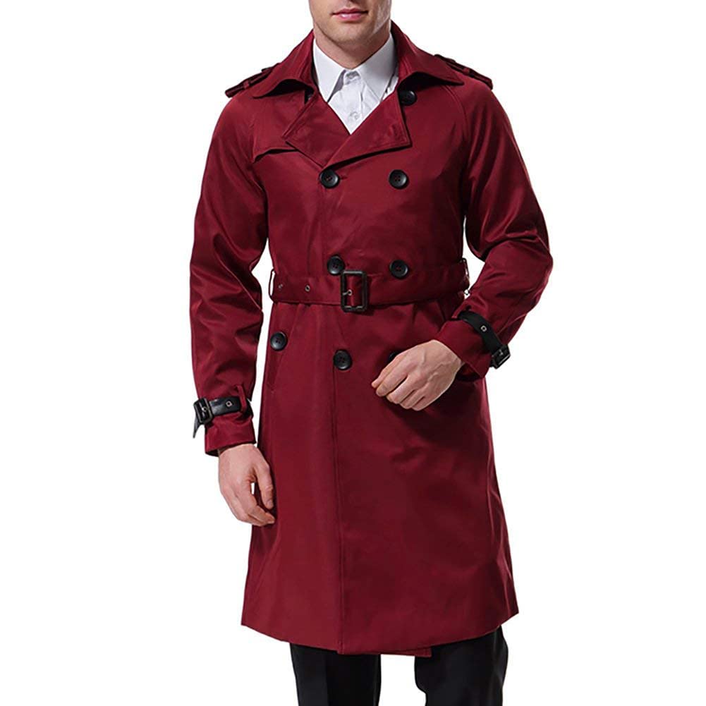Męski trencz długi dwurzędowy slim fit płaszcz wojskowy trencz z paskiem