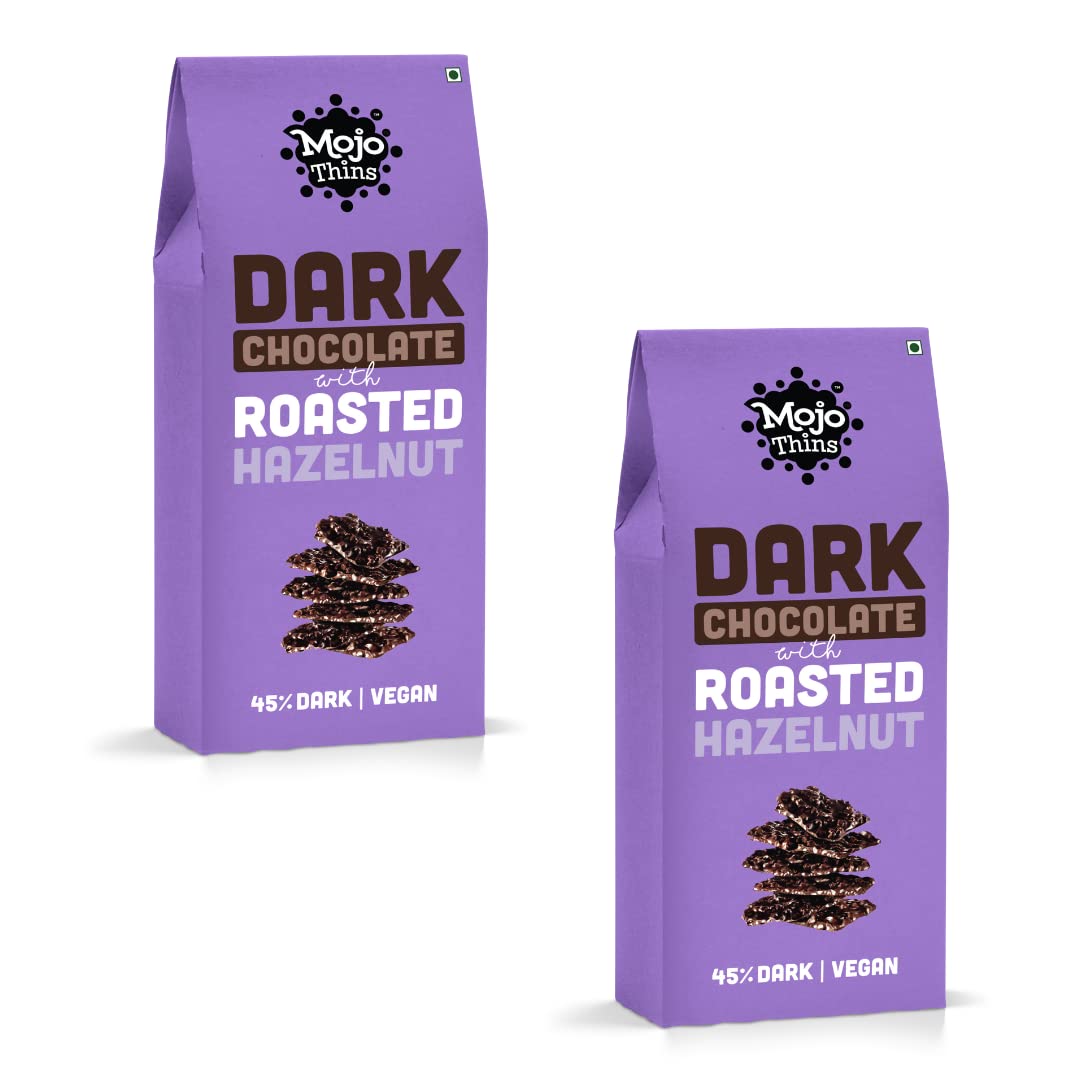 Mojo Bar Thins - 45% Dark Chocolate with Hazelnut - Combo of 2 (Vegan, Portion Controlled), 216 GM