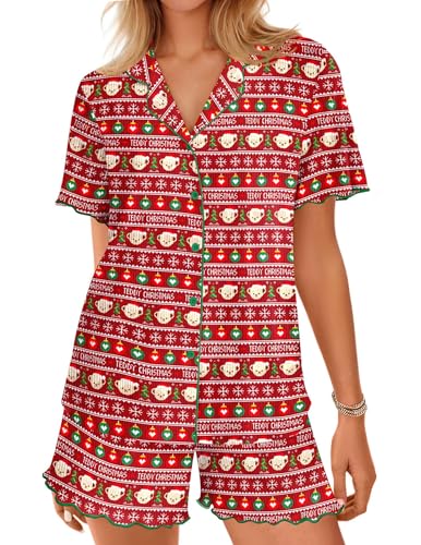 Image of Ekouaer Button Up Pajamas Set for Women Short Sleeve Ribbed Knit Sleepwear 2 Piece Pjs Shorts Set