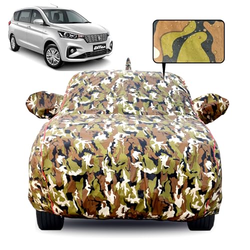 Image of Waterproof Car Body Cover for Maruti Suzuki Ertiga 2018-2026 with Mirror Pocket, Soft Cotton Lining, Triple Stitched, Full Bottom Elastic (Heat Resistant Jungle Print with Red Piping)