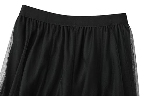 ORiTi Women's Tulle Midi Skirt Elastic High Waist Pleated Mesh Flowy A-Line Tutu Skirts for Party Bridesmaid Wedding Daily Black